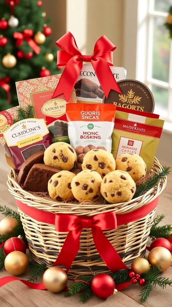 A festive gift basket filled with homemade Christmas baked goods, decorated with a ribbon and holiday ornaments.